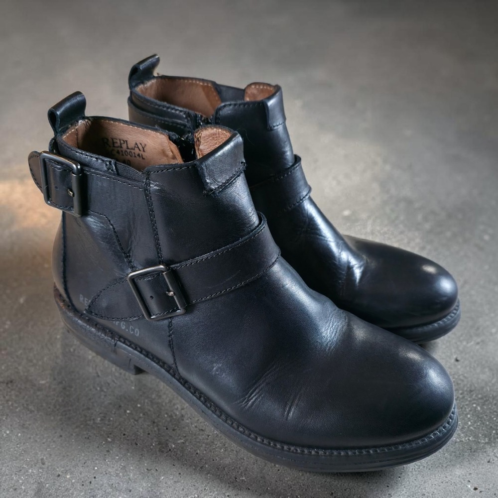 Replay Hert Biker Boots Black Leather Monk Strap Mens 7 - 7.5 / Womens 9 - 9.5‎